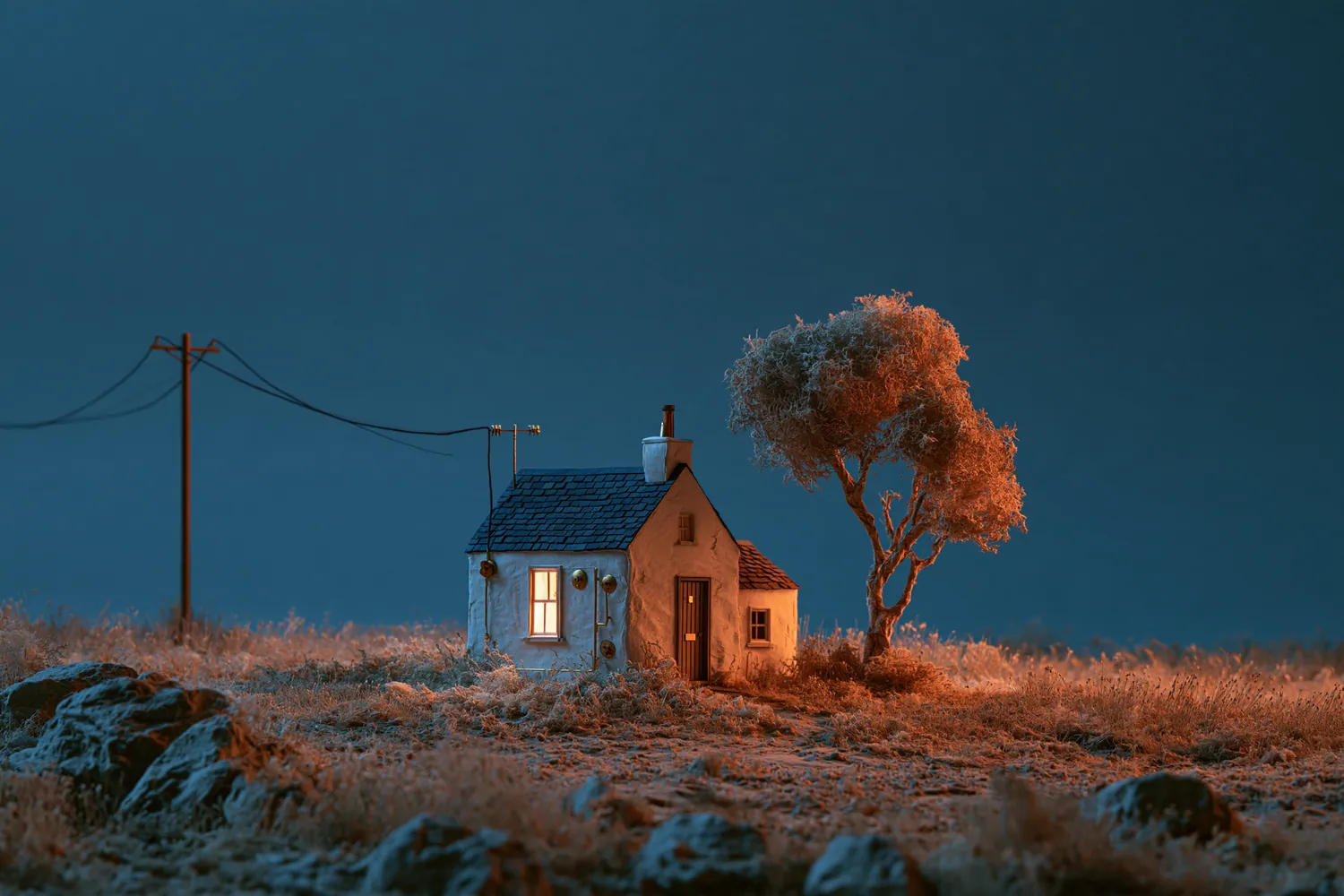 Tiny paper house at dusk with one lit window fed by a single power line, a small bill that keeps the lights on