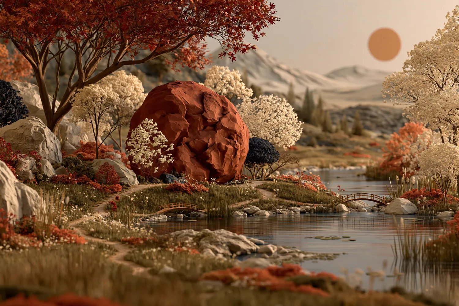 Burgundy paper boulder in a valley with small trails and bridges leading around it, alternatives to a payday loan
