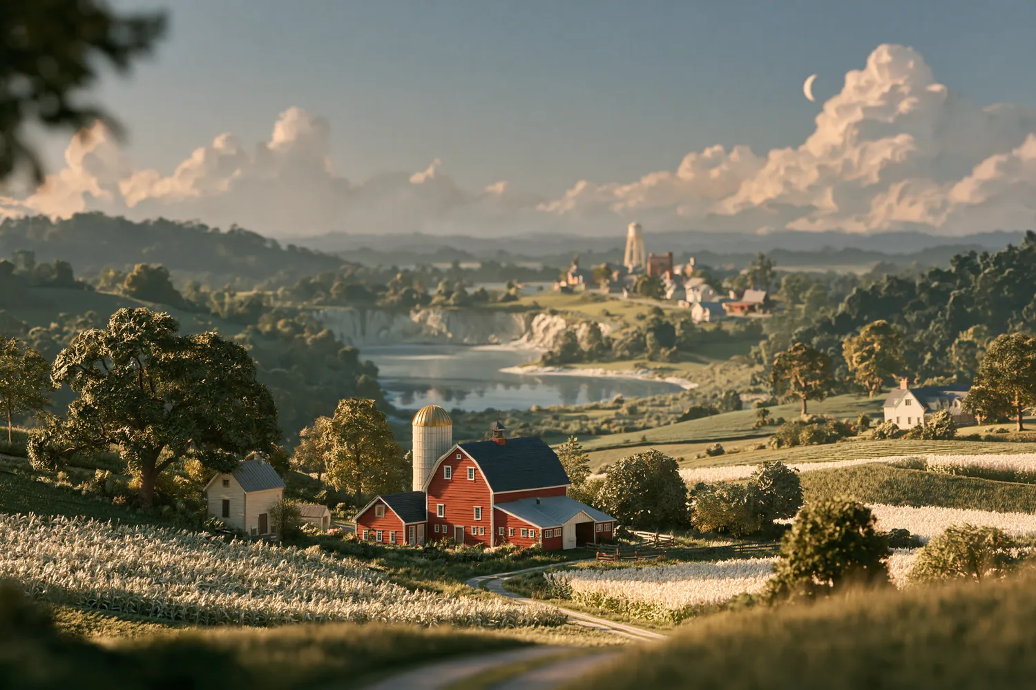 Paper Indiana farmland with a red barn, a silo and a white farmhouse
