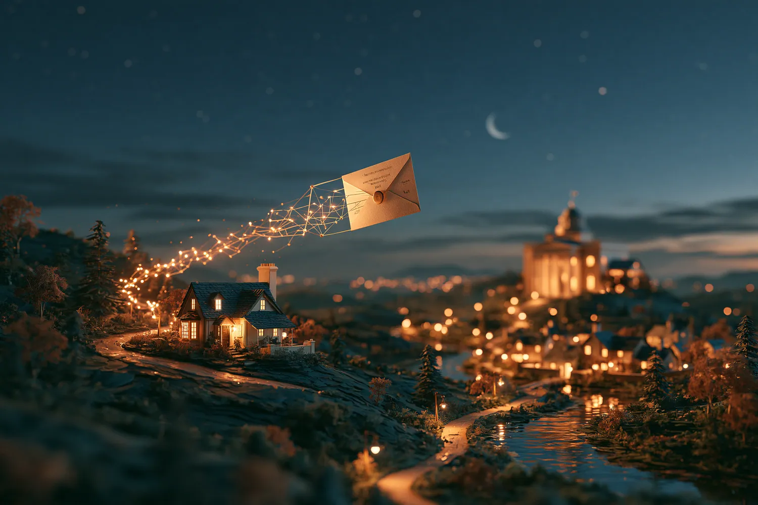 Paper envelope flying over a glowing night town toward a small house on a hill