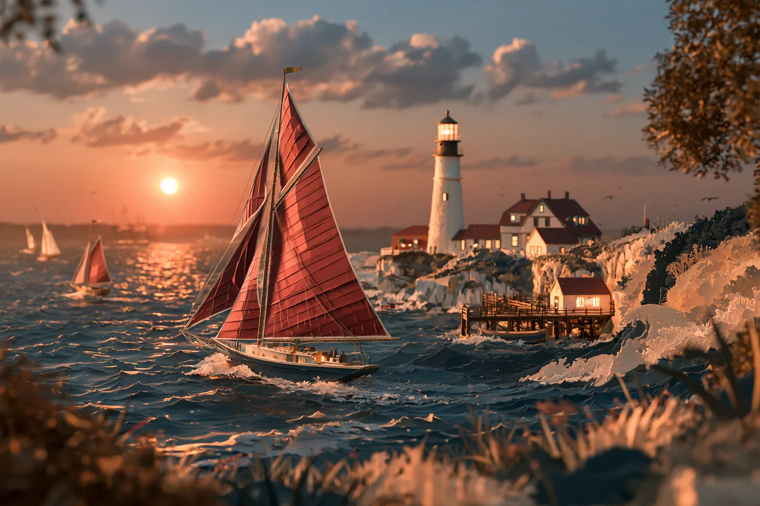 Paper Rhode Island harbor with burgundy-sailed boats and a lighthouse at sunset