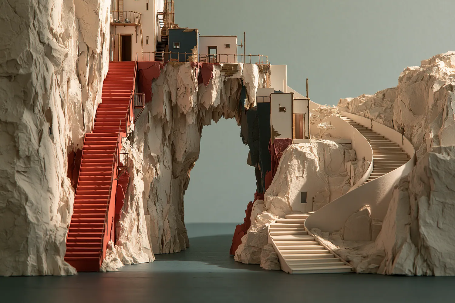Two routes up a white paper cliff, a steep red staircase on one side and a gentler stair on the other