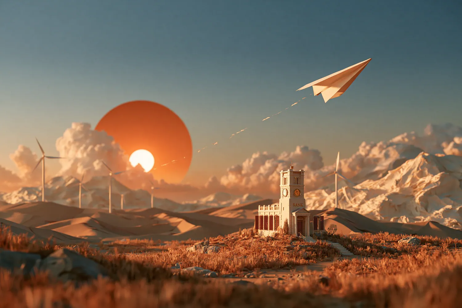 Paper airplane racing a setting sun toward a small bank building, beating the same-day cut-off